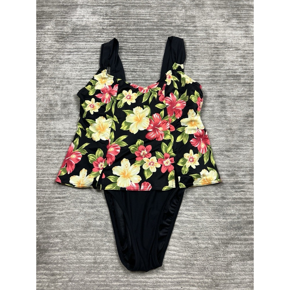 Beach Cabana Swimsuit One Piece Womens Large Black Floral Sleeveless‎